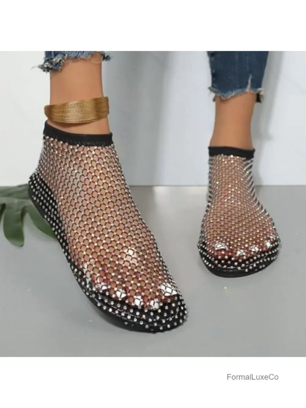 Sparkly Rhinestone Mesh Ballet Flats - Breathable Slip-On Comfort Sandals